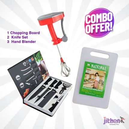 Jitben 3 In 1 Premium Kitchen Combo ( 1 Chopping Board , 6pcs Kitchen Knife Set, 1 Hand Blender )